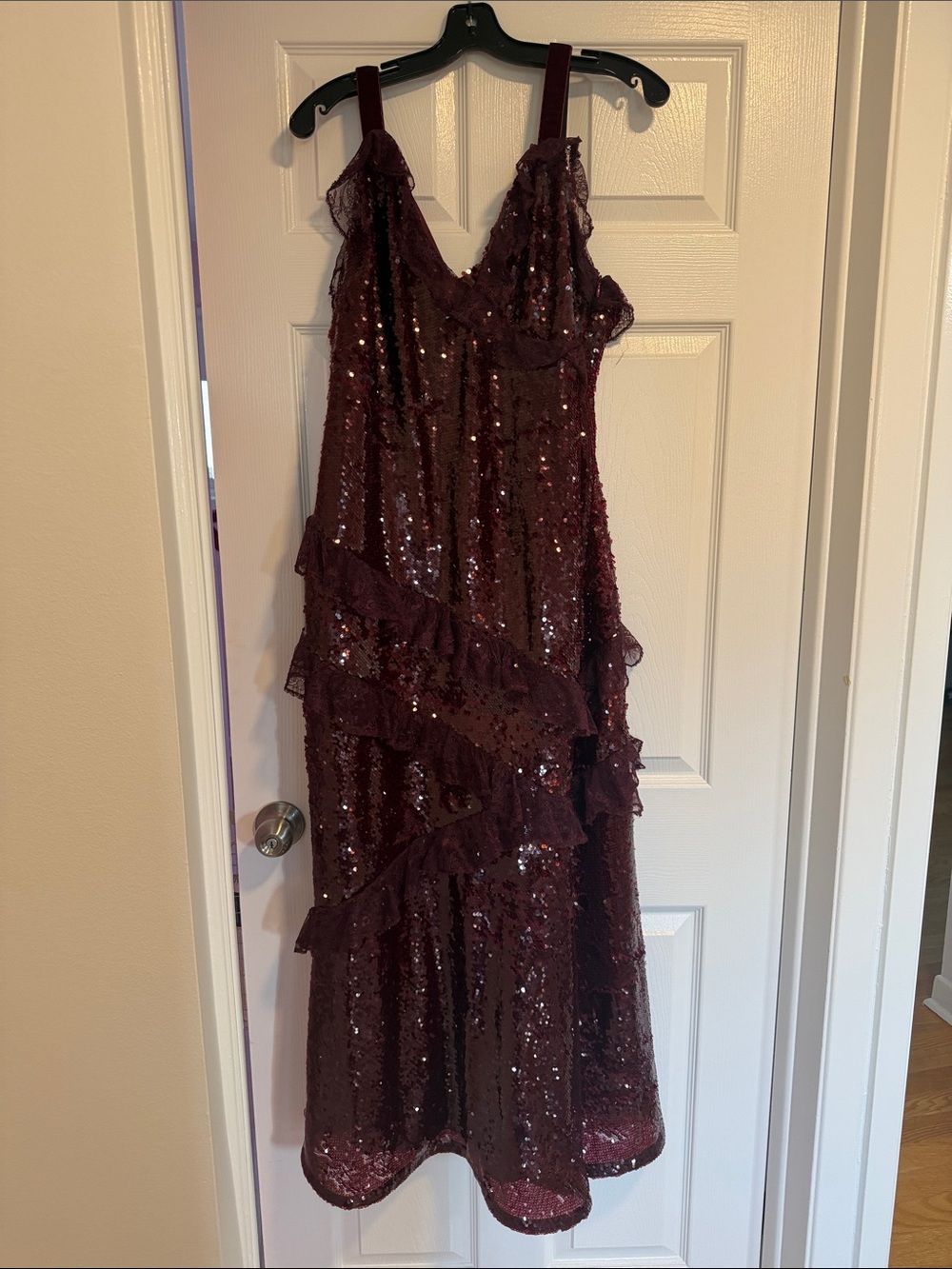 Loveshack Fancy Women’s Burgundy Sequin Ruffle Slip Dress